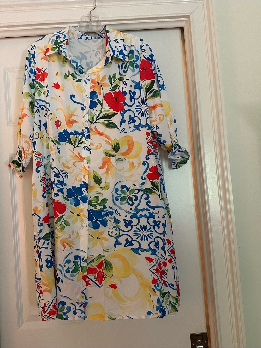 Source Unknown White Midi Shirt Dress with Red, Blue & Yellow Floral Print